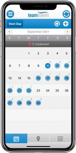 Phone showing calendar on TeamHaven Mobile app